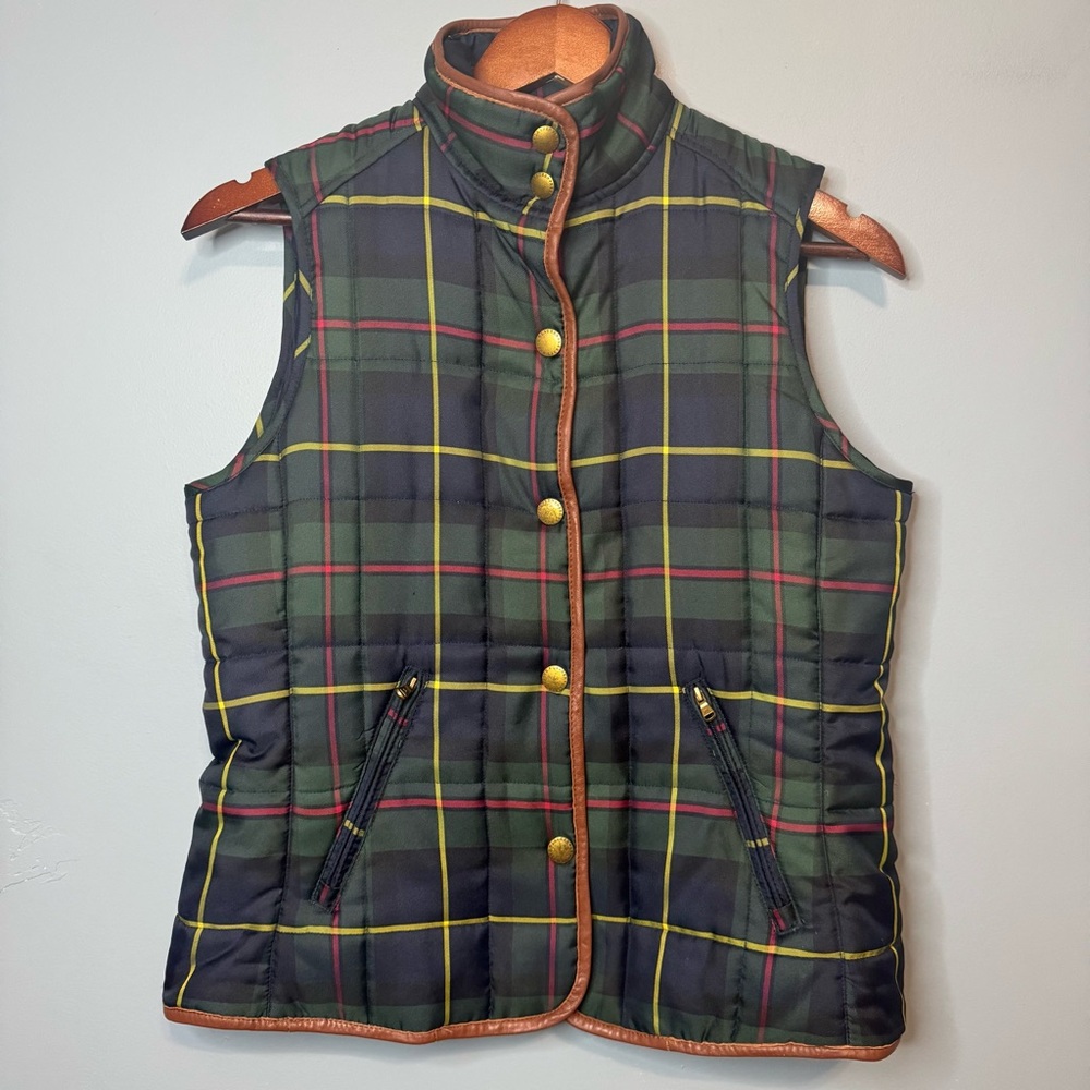 Ralph Lauren Green Plaid Quilted Vest with Brown Trim